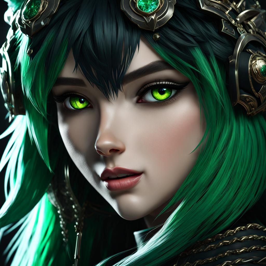 Wolf Girl with Black and Green Hair in 3D