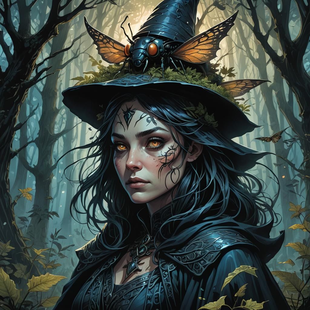 Insect Witch Portrait in a Misty Forest