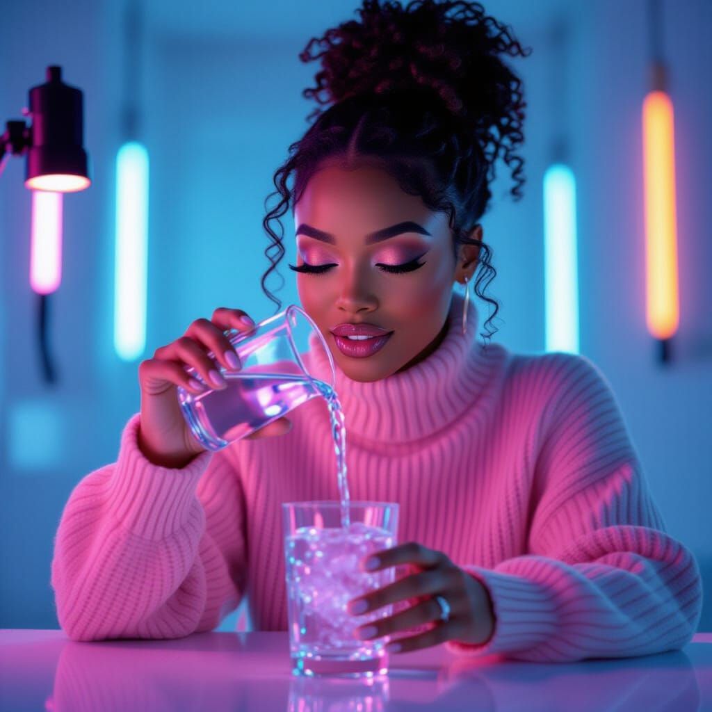 Influencer Creates ASMR With Water Splash and Neon Lights