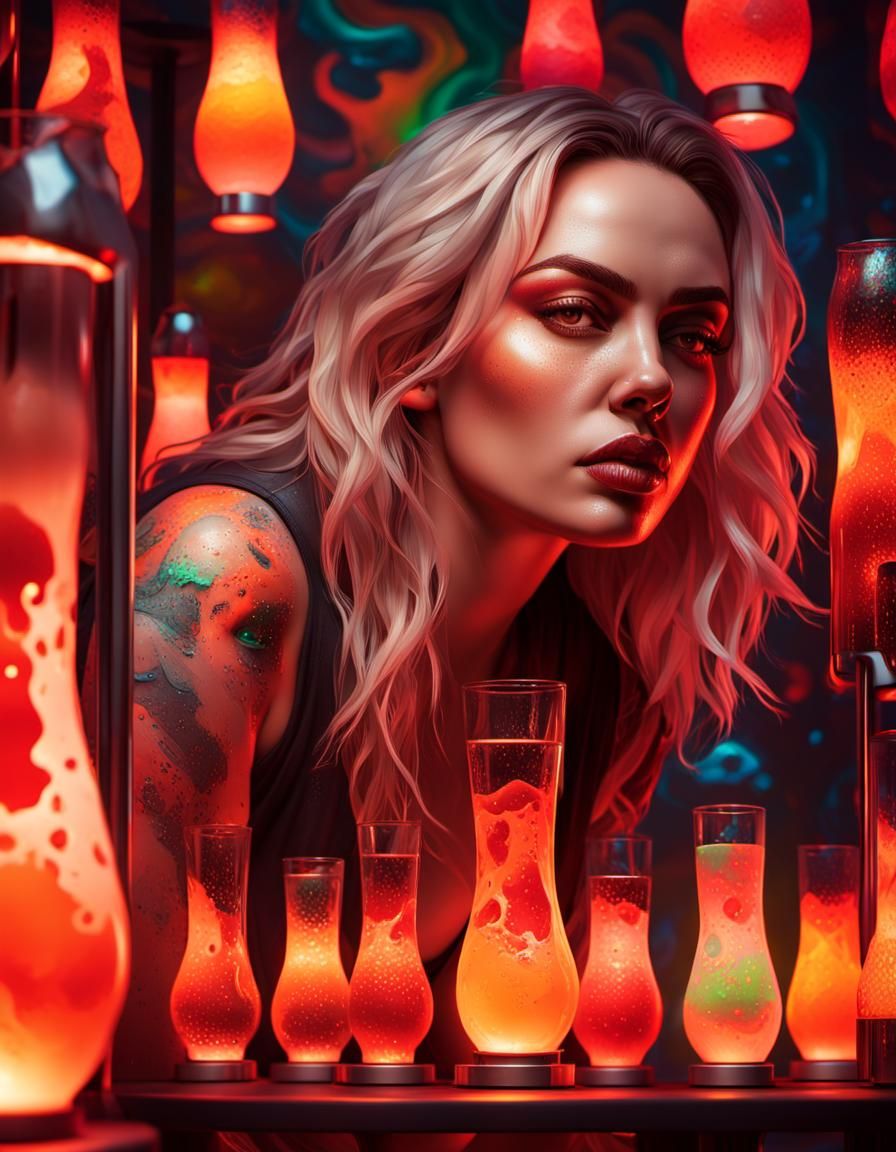 Sensual Girl with Lava Lamps in Splash Art Style