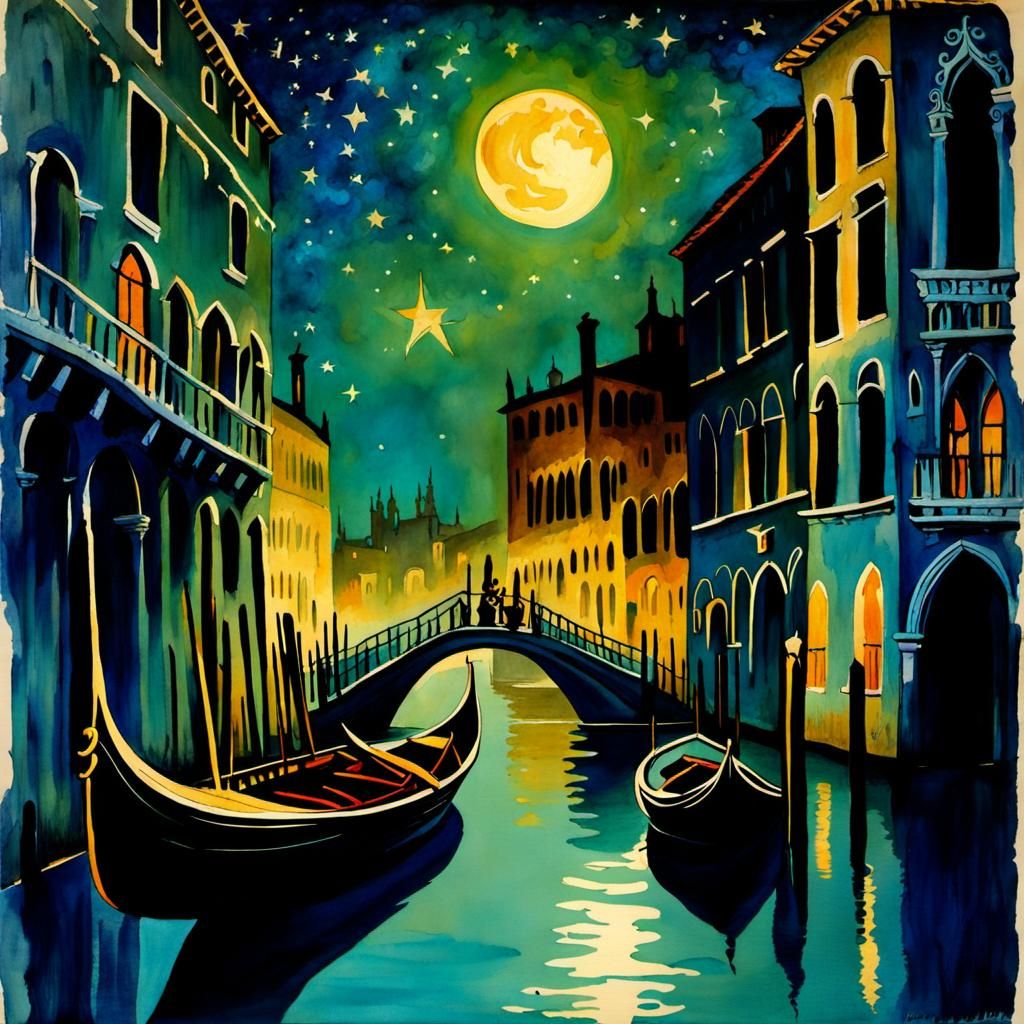 Venice Grand Canal at Moonrise: Watercolor Painting