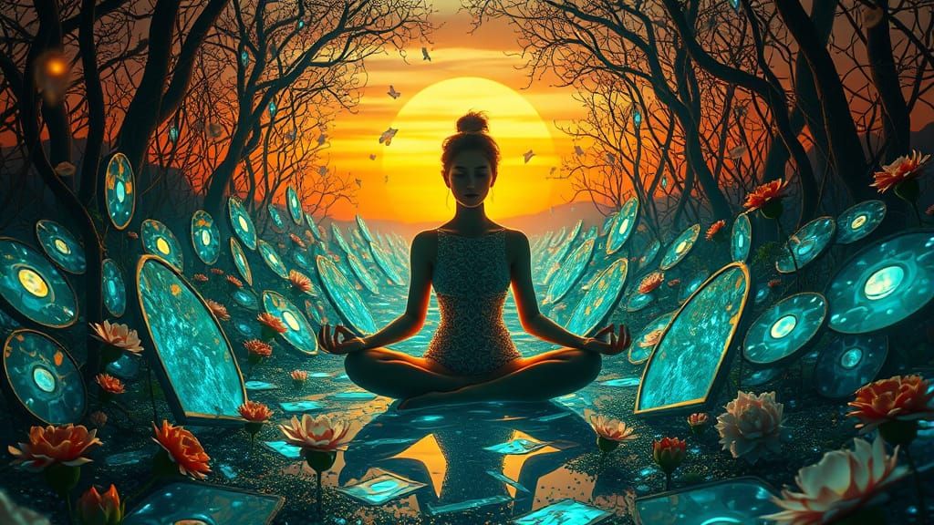 Mystical Woman in Luminous Labyrinth