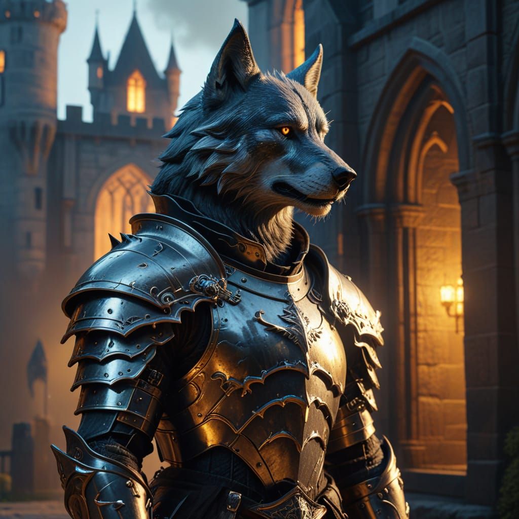 Wolf Knight Guarding Gothic Castle in Digital Painting
