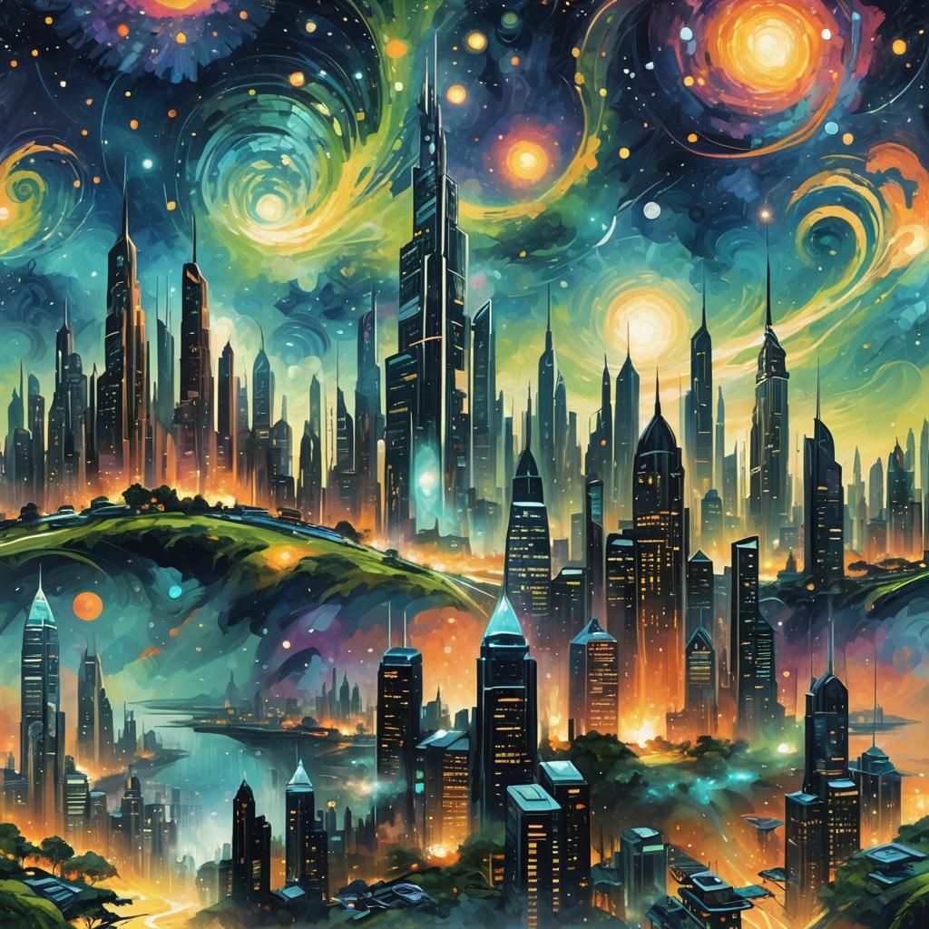 Utopian City Skyline in Galactic Impressionism Style