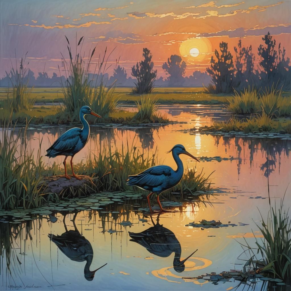 Water Birds at Sunset: Moebius Impressionism