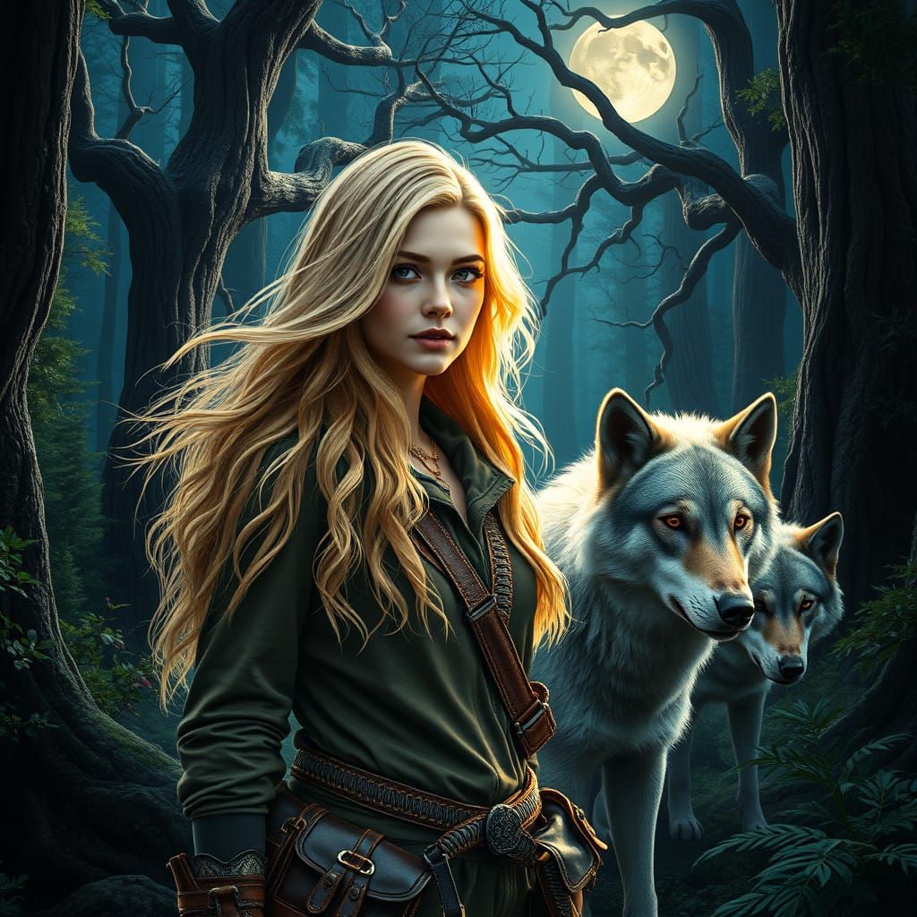 Golden Goddess Among Gray Wolves in Moonlit Forest