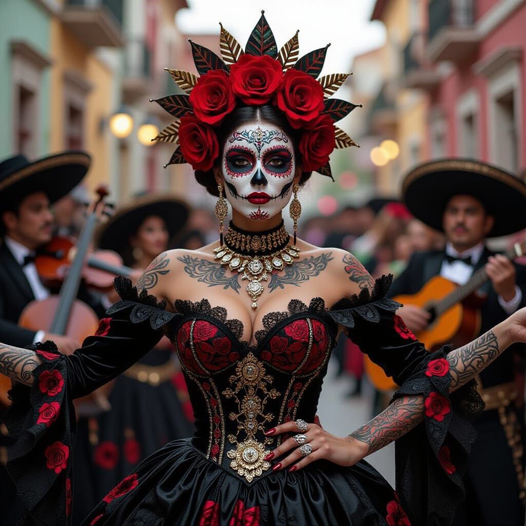 Gothic Mariachi Dancer in Cyberpunk Art Nouveau Style