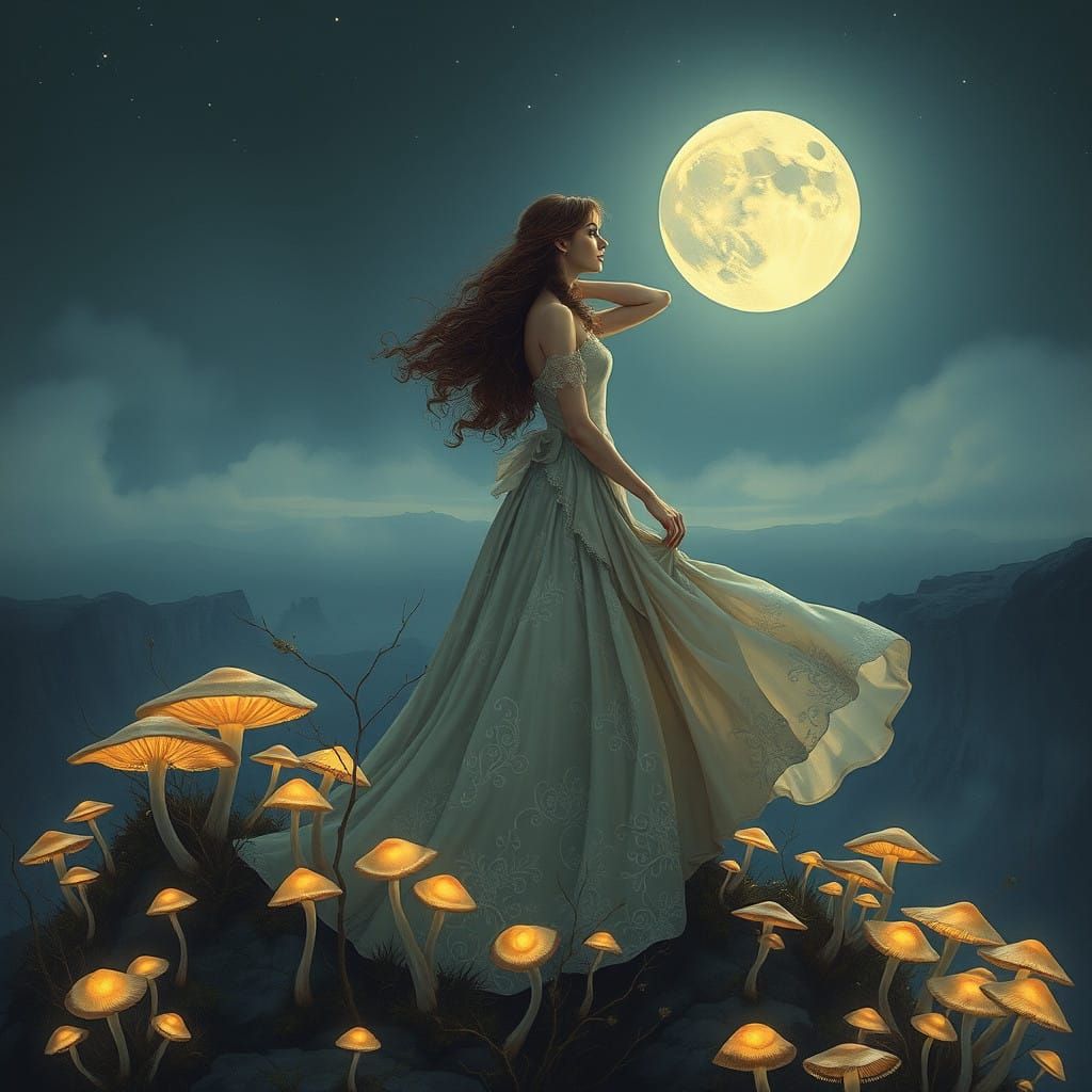 Elegant Woman Amidst Glowing Mushrooms on a Moonlit Cliffsid...