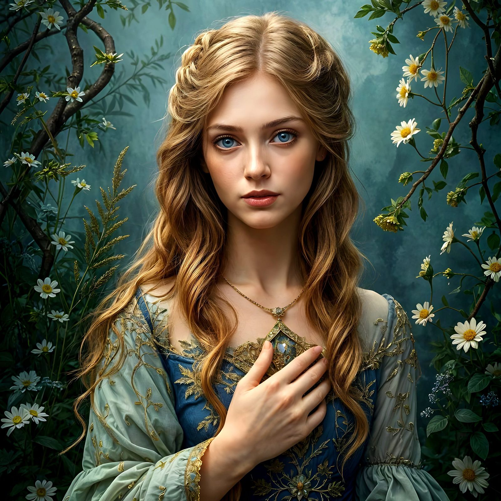 Ethereal Pre-Raphaelite Queen Amidst Magical Nature