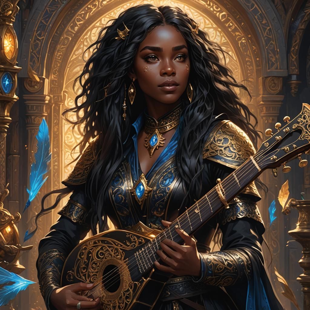Black Bard with Lute in Fantasy Art Style