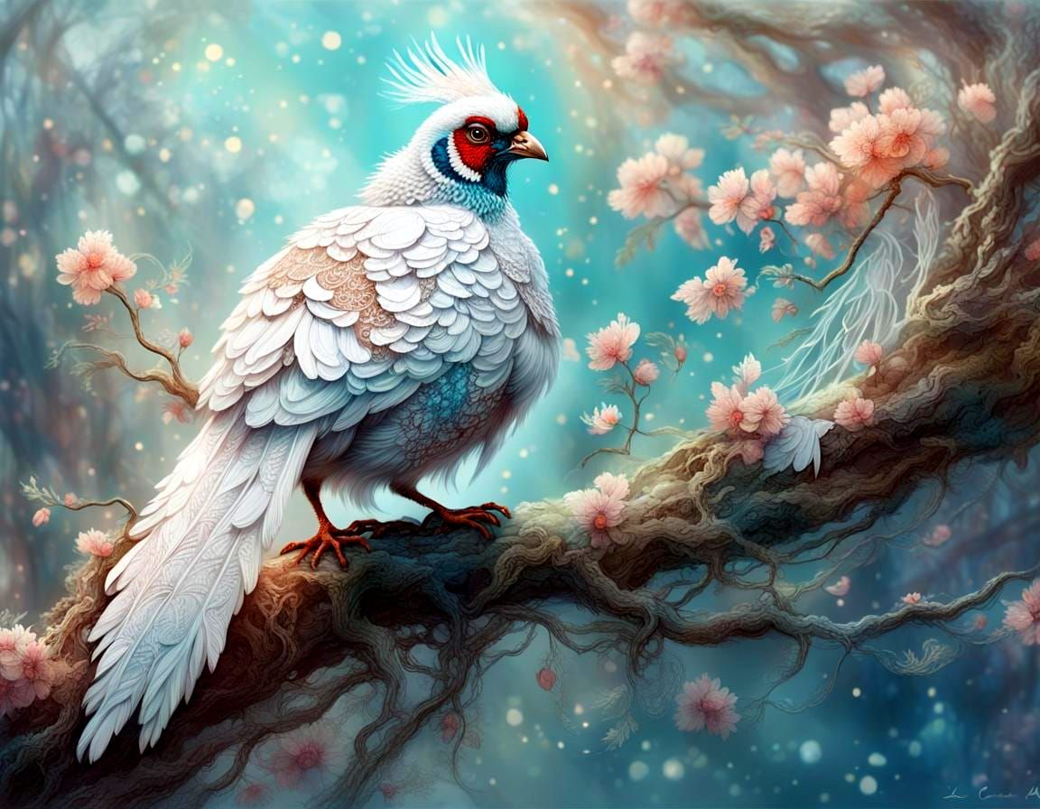 Lace Pheasant Perched on Branch, Digital Painting