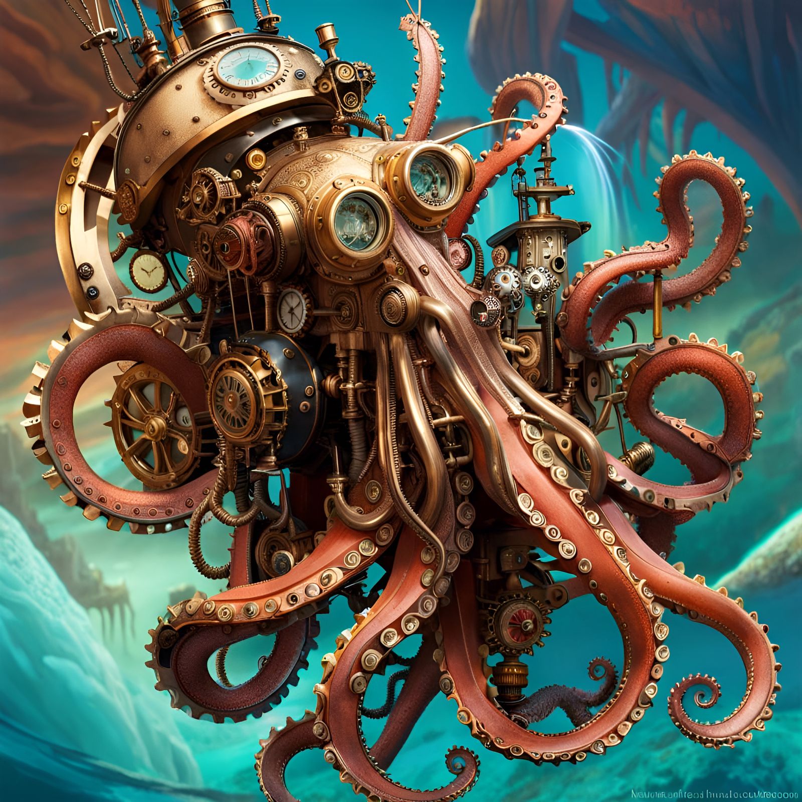 Steampunk Octopus Engine in Coral Reef, Digital Art