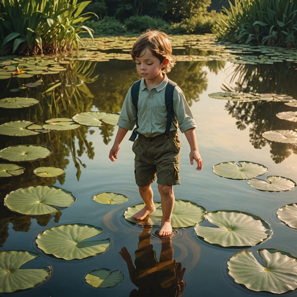 Child in Golden Hour Levitating Above Pond