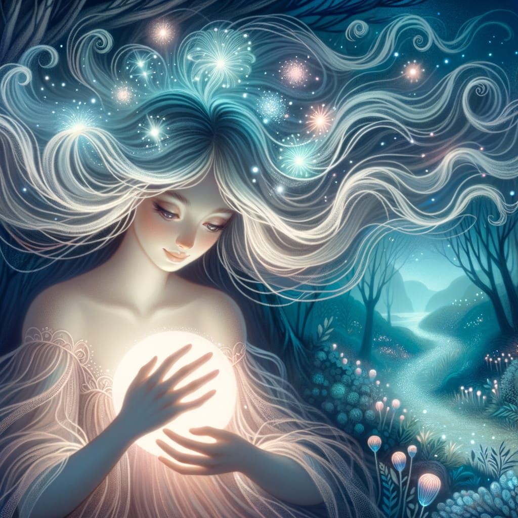 Starlight Hair Woman Holds Glowing Orb in Magical Forest