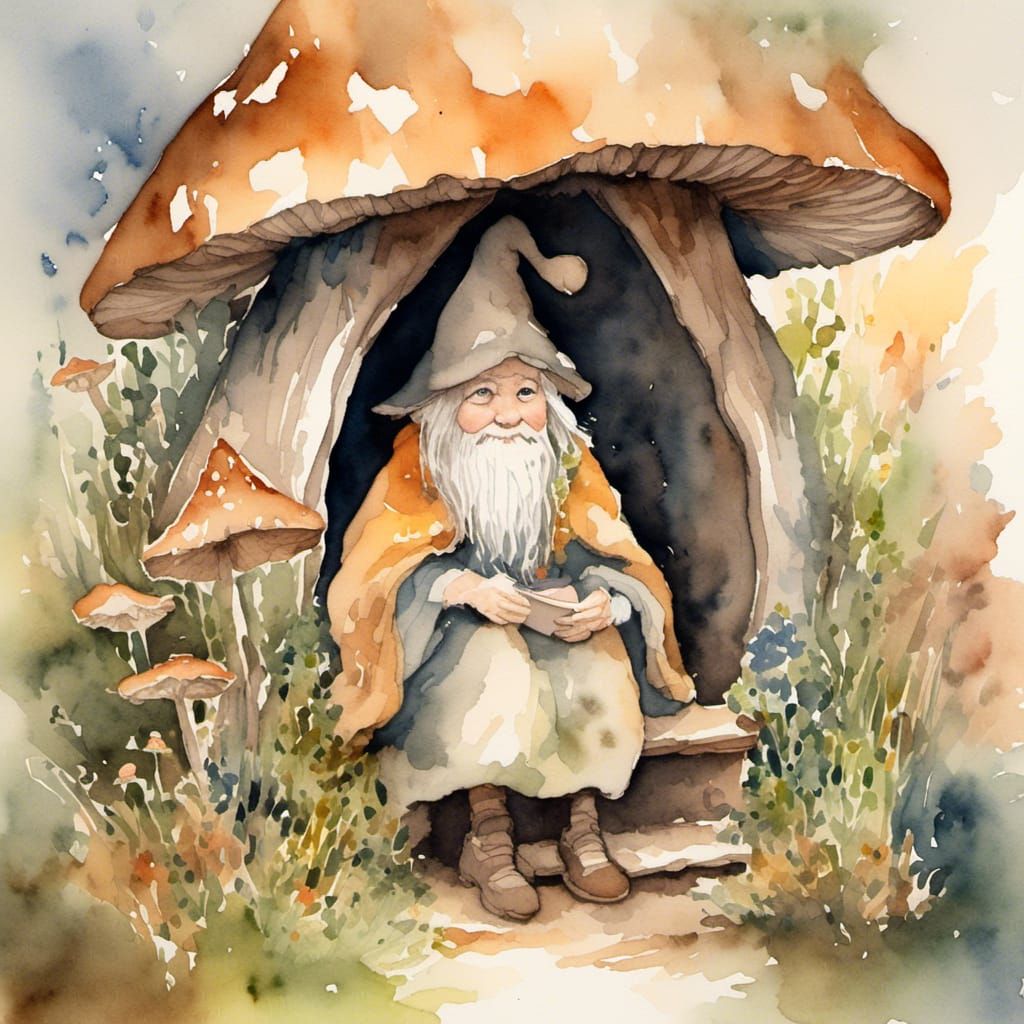 Elderly Gnome Woman in Mushroom House Watercolor