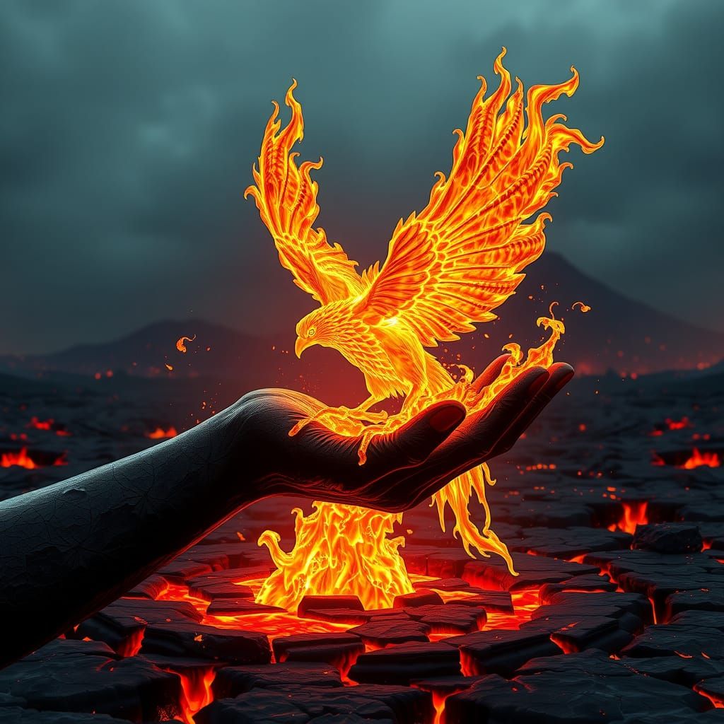 Obsidian Hand Grips Burning Phoenix, Volcanic Landscape