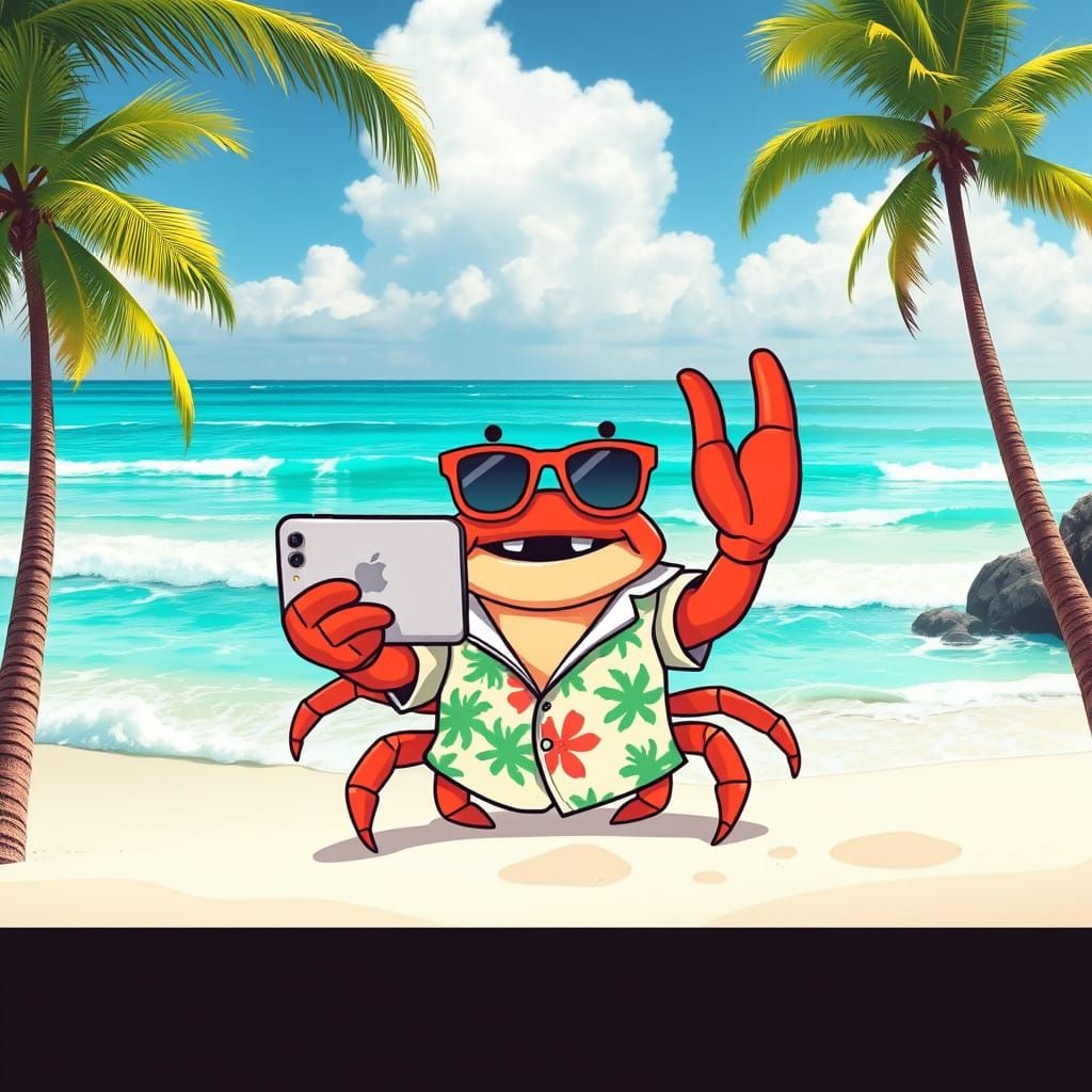 Vibrant Beach Crab Takes a Futuristic Selfie in Coastal Para...
