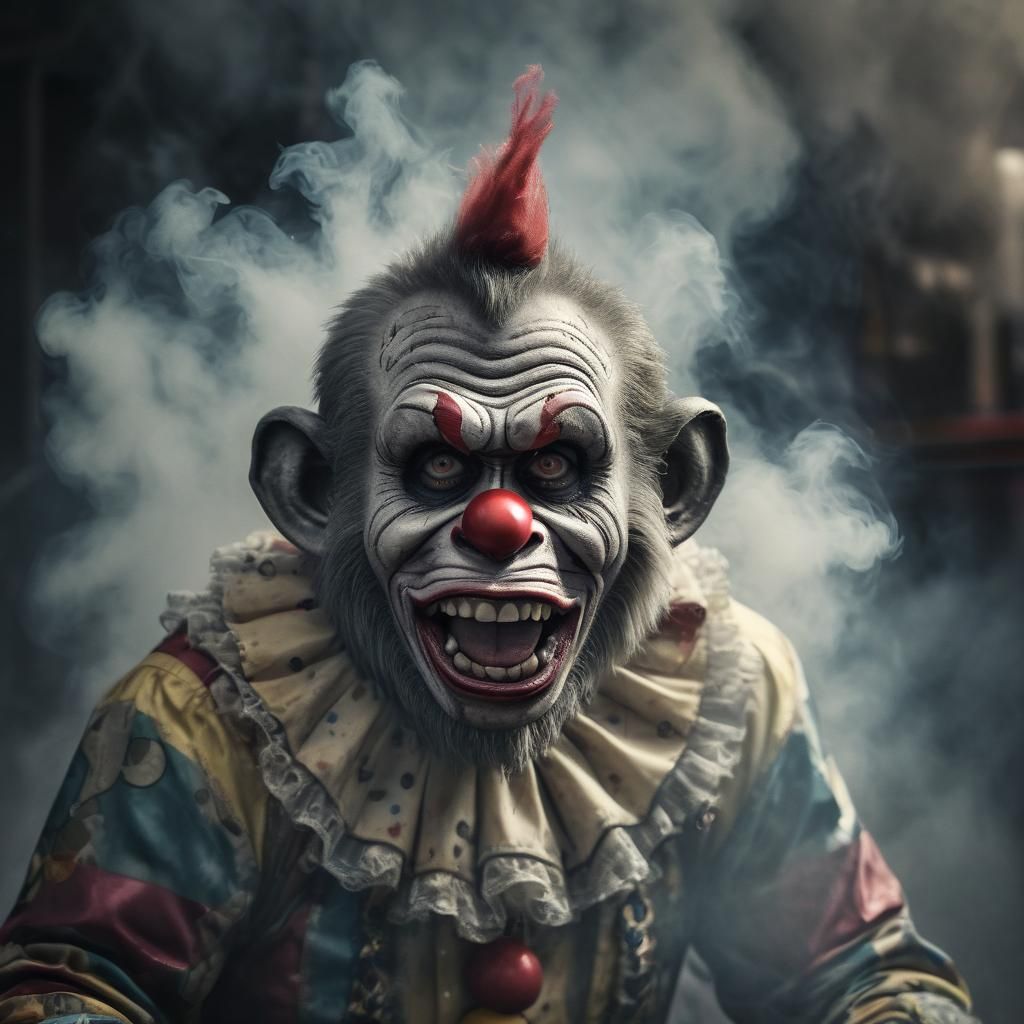 Hyperrealistic Zombie Monkey Clown with Buzzing Smoke