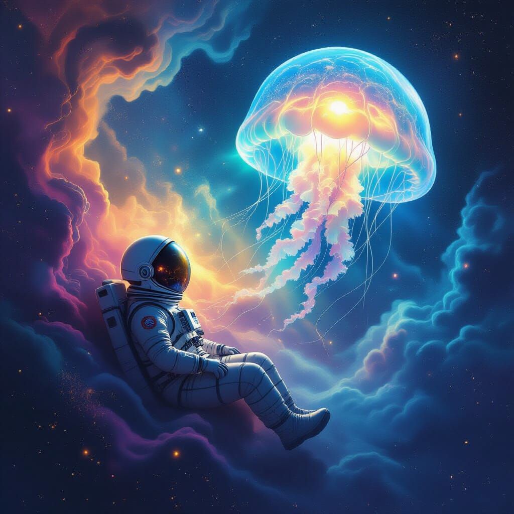 Astronaut Encounters Bioluminescent Jellyfish in Cosmic Nebu...
