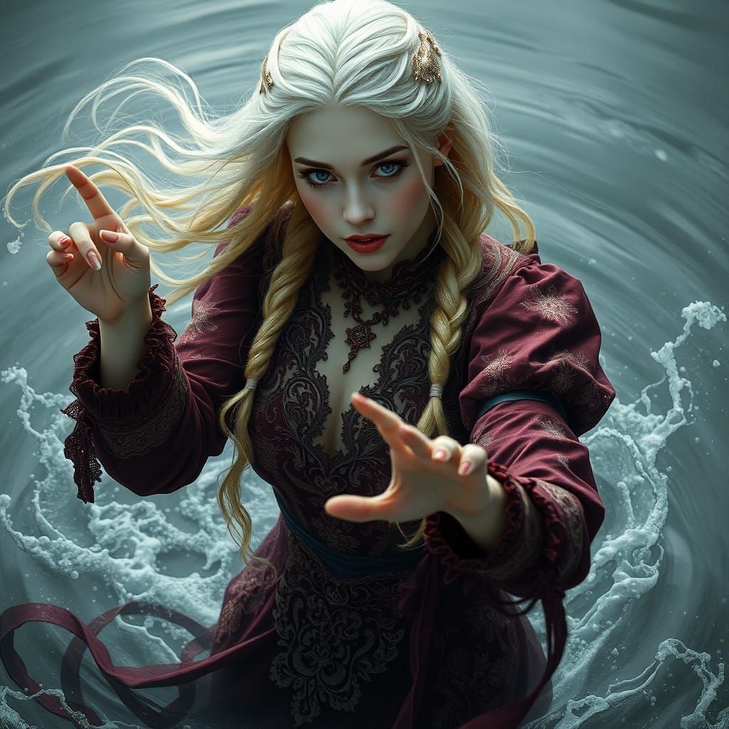 Sorceress in Dreamlike Atmosphere with Swirling Water and In...