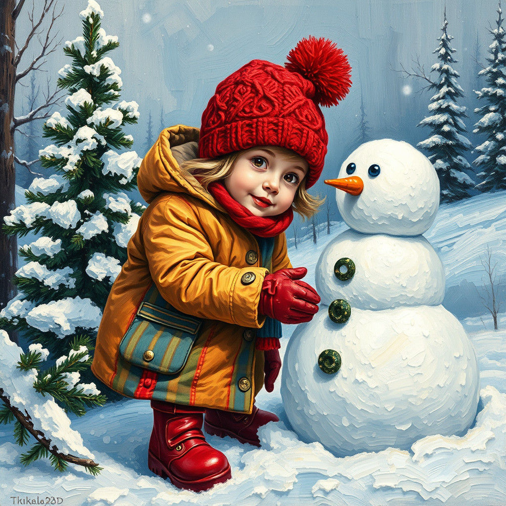 Girl Builds Snowman: Impasto Painting in Van Gogh Style