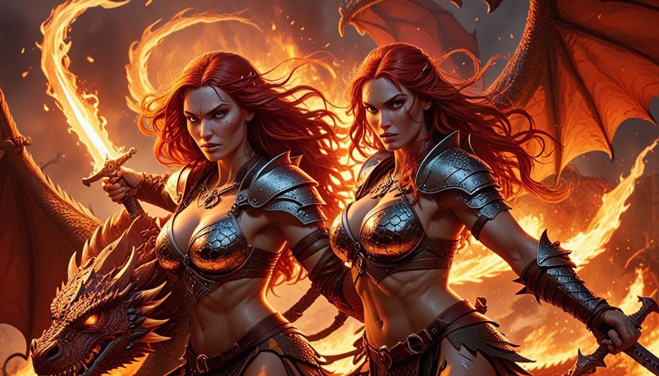 Red Sonja Rides a Fire Dragon in Comic Style