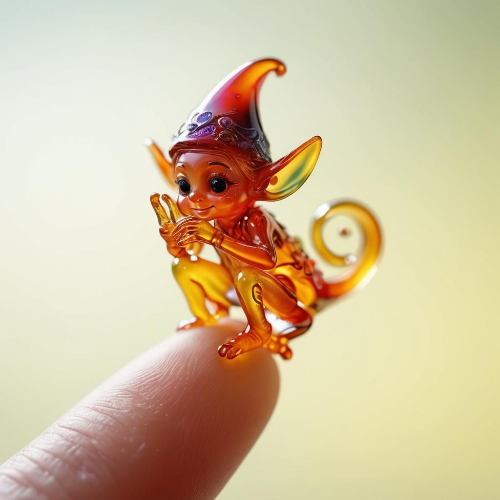 Glass Elf Sculpture on Finger: Macro Photograph