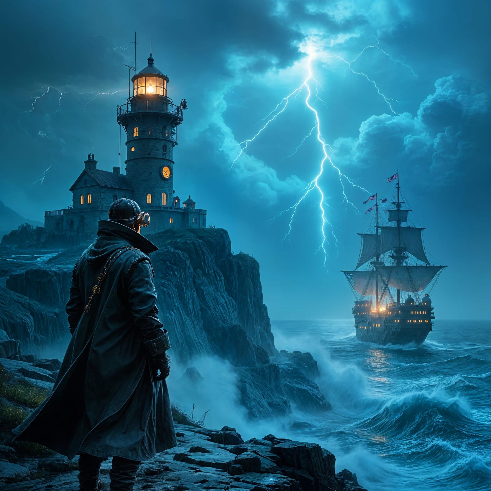 Steampunk Lighthouse Keeper on Stormy Bioluminescent Sea