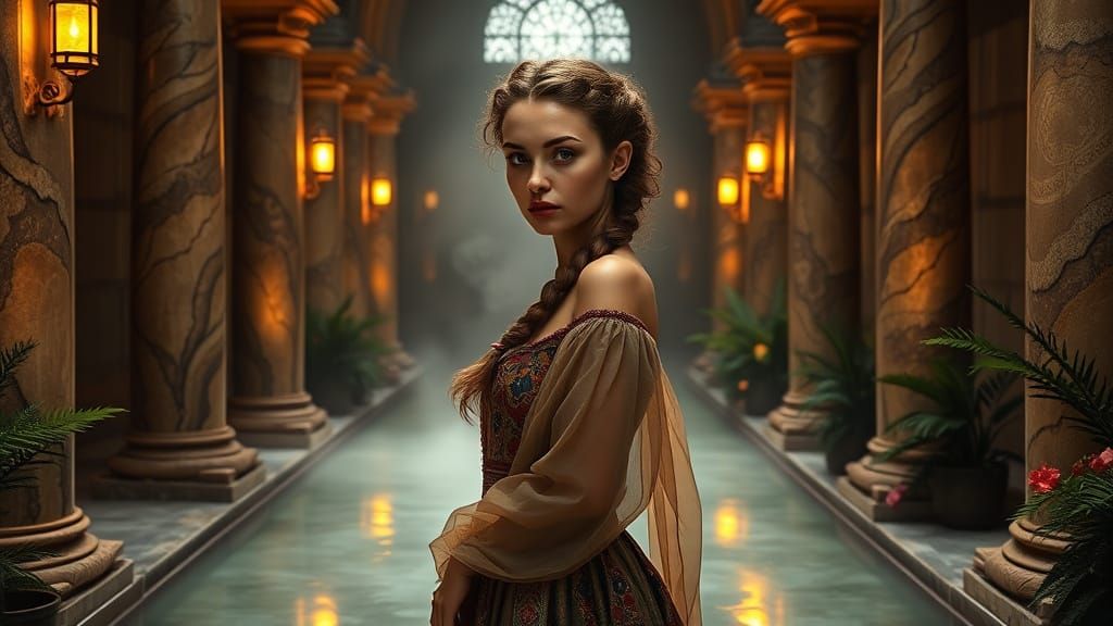 Medieval Woman in Golden Glow, Oil Lamp Illuminated Portrait