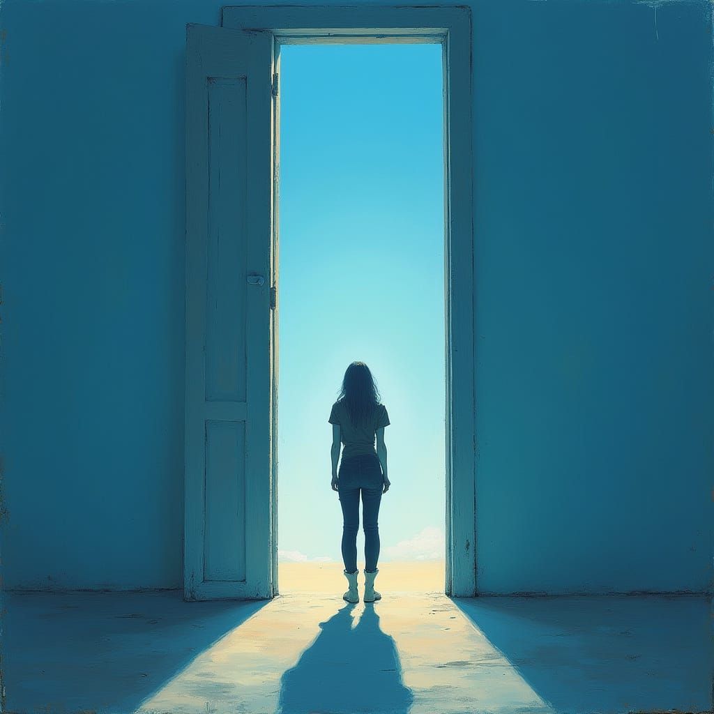 Figure Gazes into Blue Sky Through Open Door