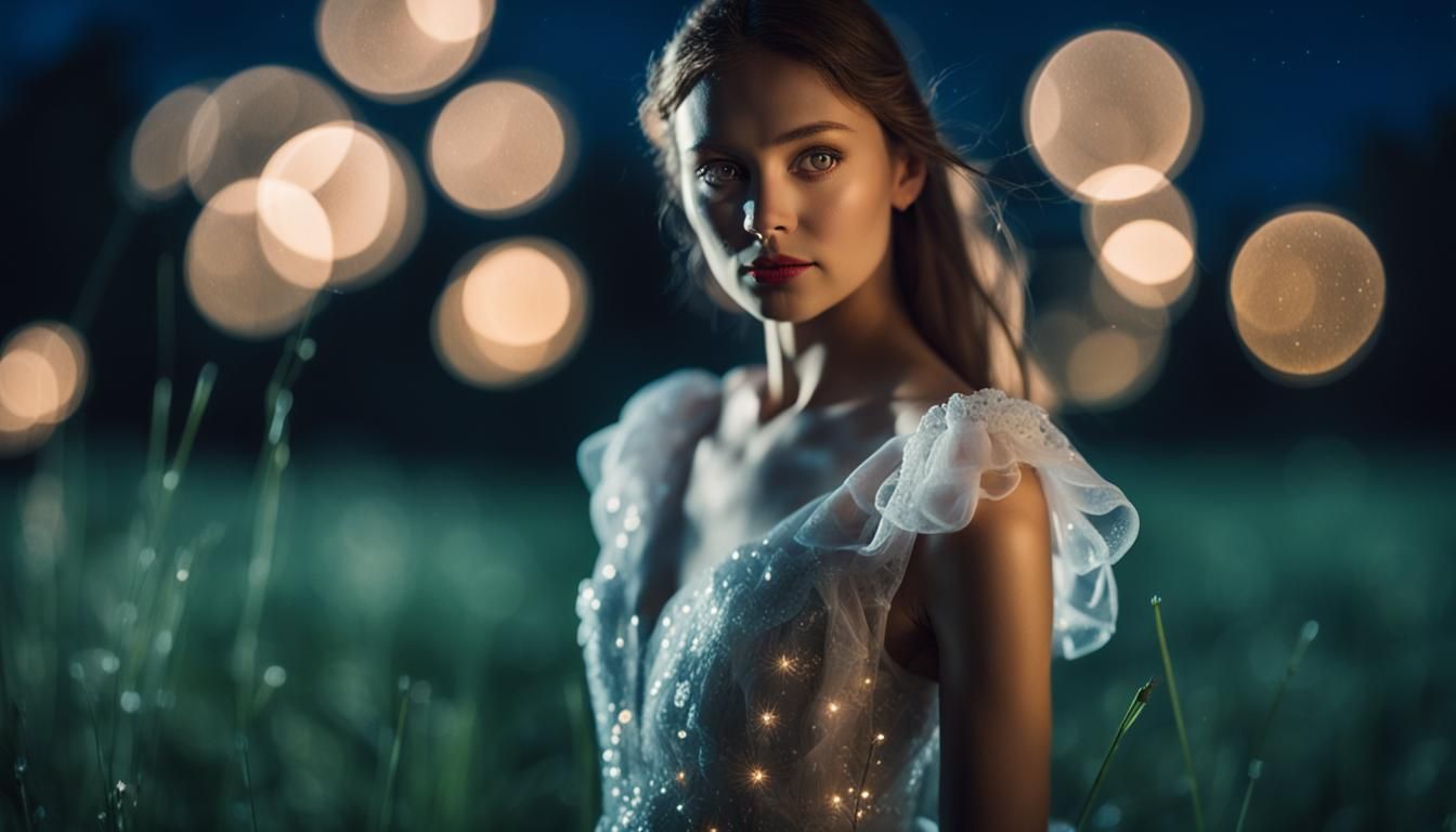 Moonlit Meadow: Ethereal Woman in Translucent Dress
