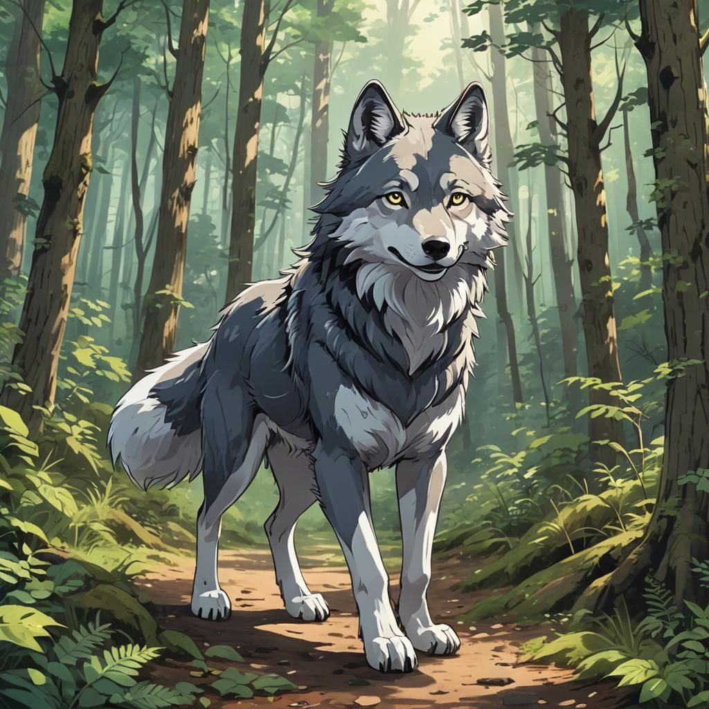 Cute Anime Wolf Walking in Forest