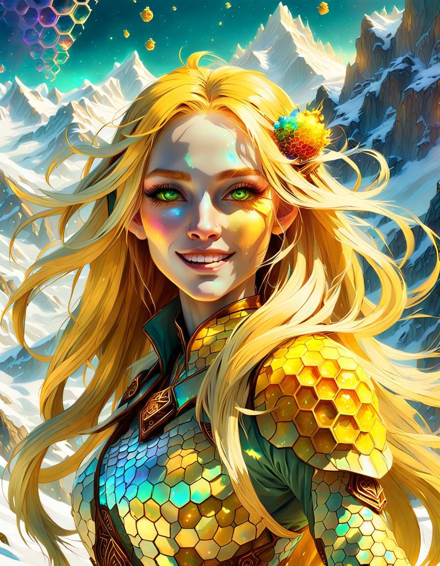 Cheerful Elf Girl in a Holographic Landscape