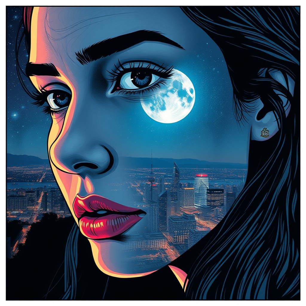 Woman's Face Merged with Cityscape in Comic Style
