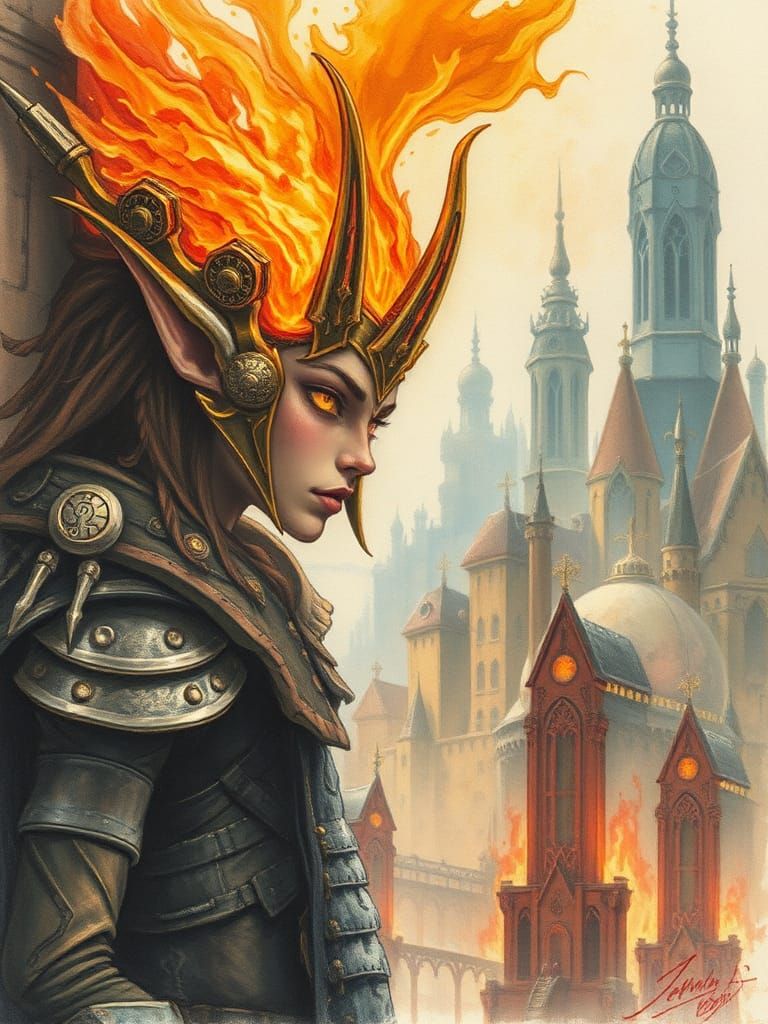 Firepunk Elf in Futuristic City Watercolor