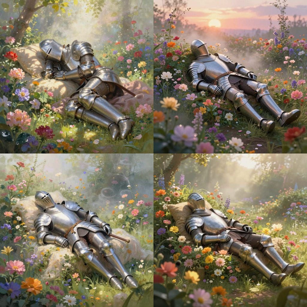 Knight Rests in Ethereal Flower Garden Mist