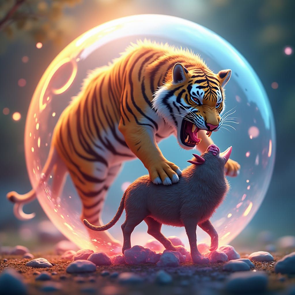 Tiger Devouring Boar in Soap Bubble, Anime Style