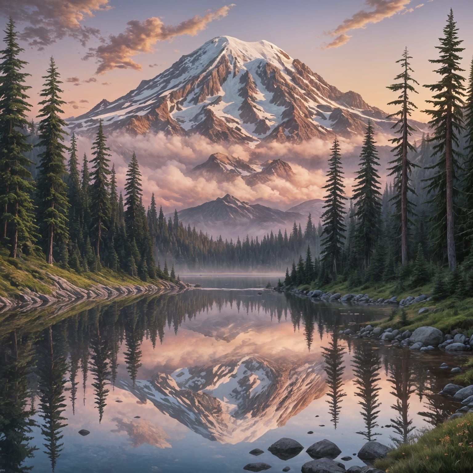 Mount Rainier Landscape at Sunset: Fantasy Concept Art