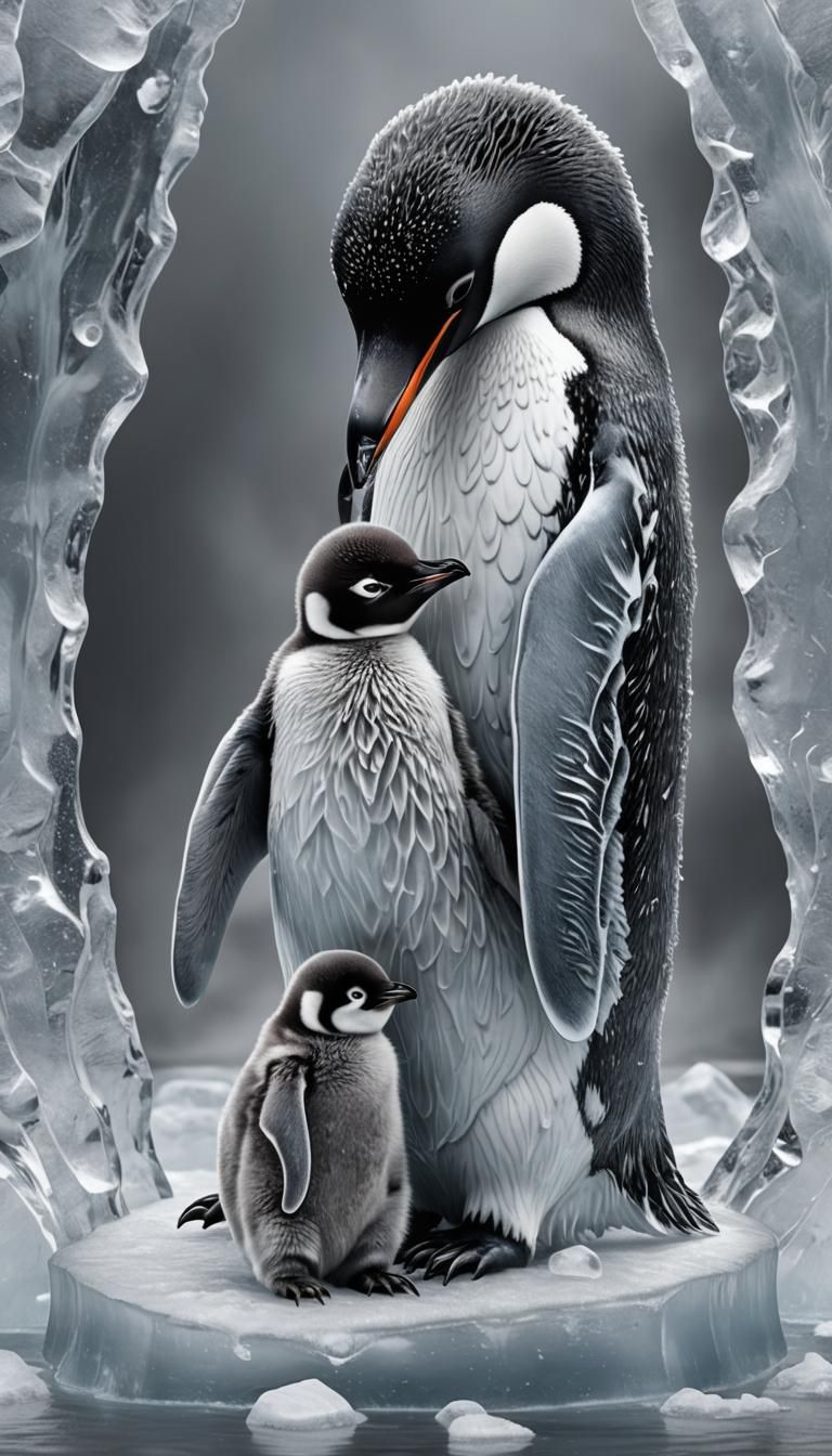 Ice Sculpture: Mother Penguin and Cub in Arctic
