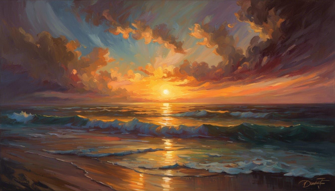 Magnificent Sunset Ocean Oil Painting in Golden Light