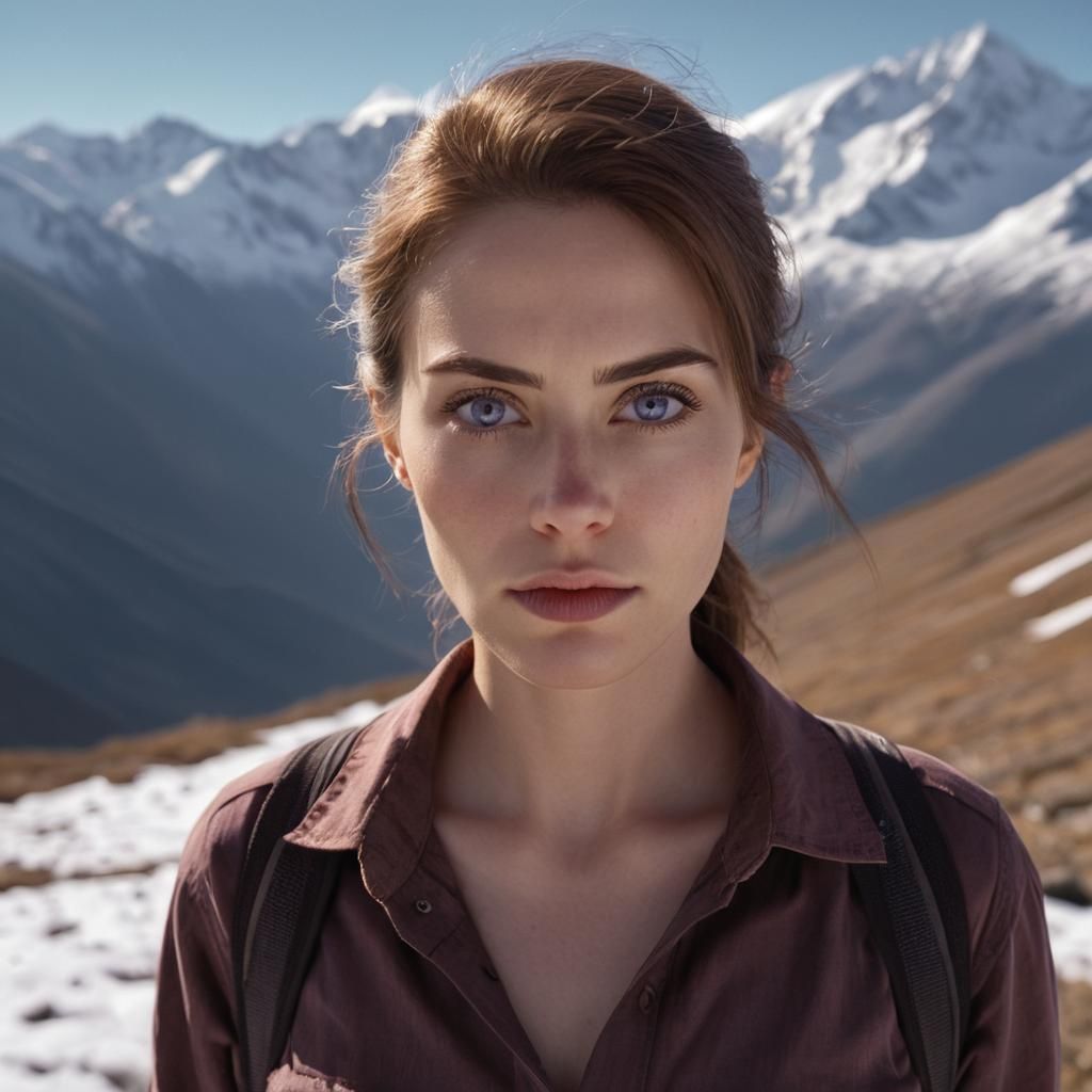 Woman on Mountain Trail: Hyper-Realistic Portrait