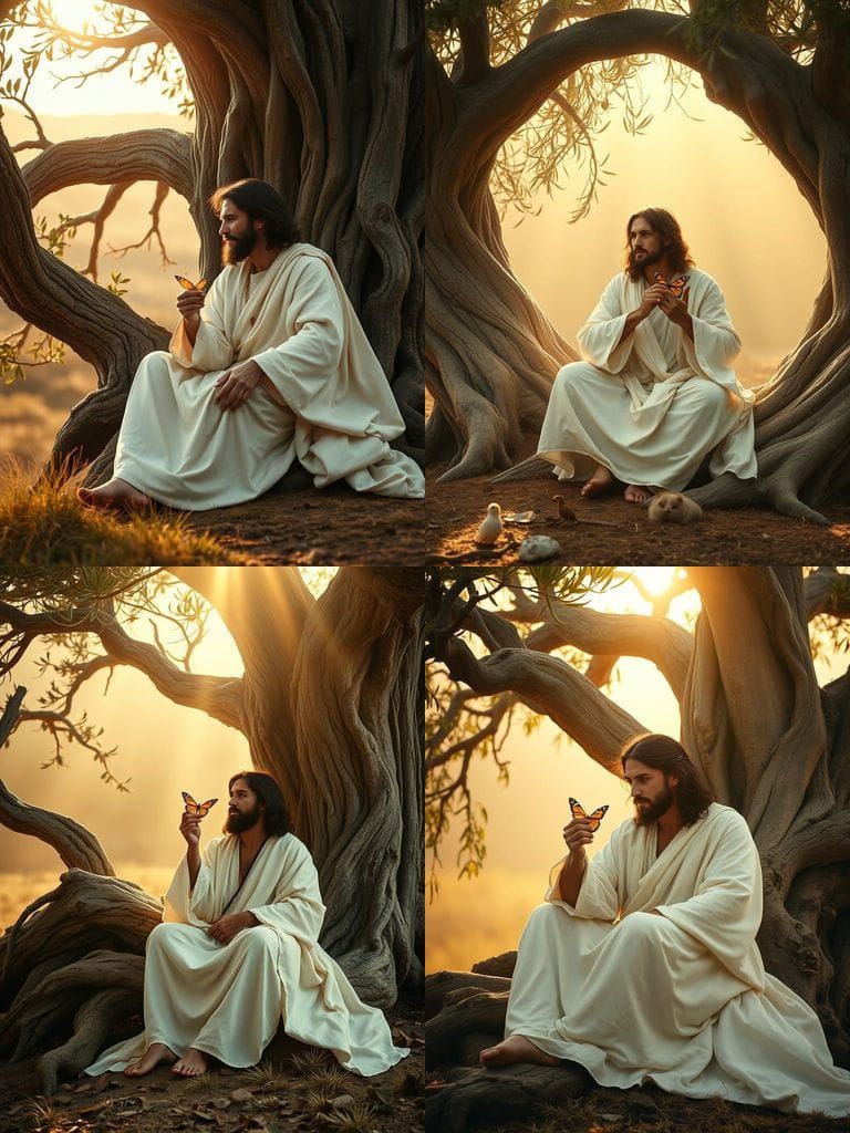 Jesus Surrounded by Serenity in a Golden Hued Landscape