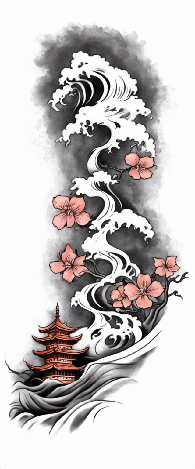 Arm Tattoo Design with Waves, Blossoms and Pagoda