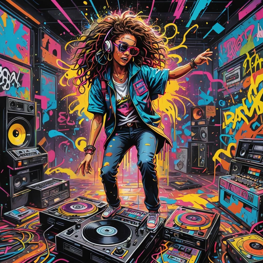 Energetic 1980s Rave Scene in Graffiti Art Style