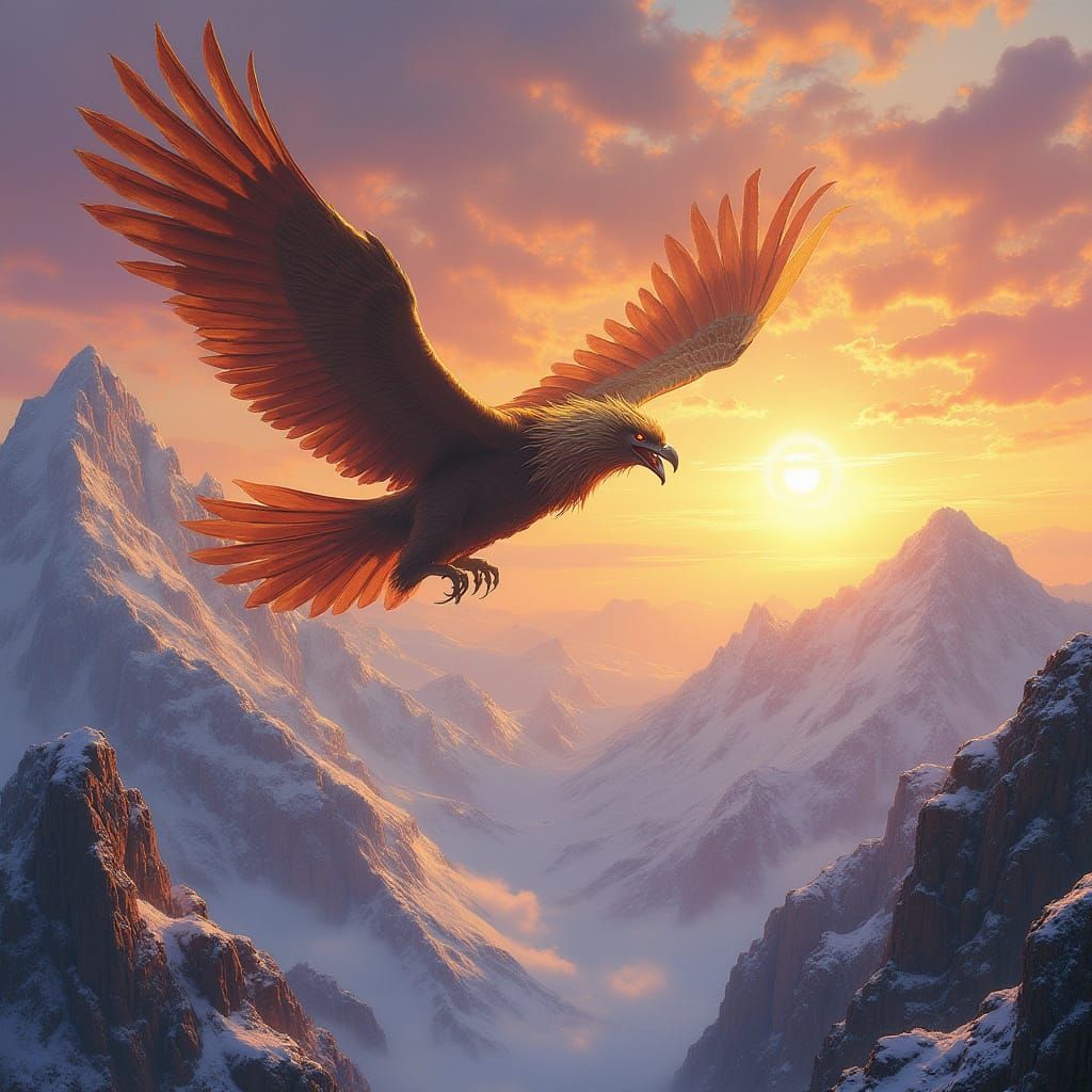 Griffin Soaring Over Mountains at Sunset