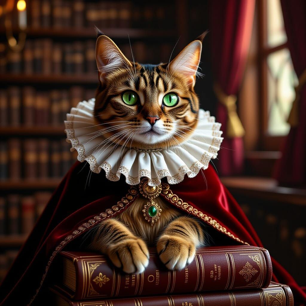 A regal Abyssinian cat with emerald green eyes, adorned in a...