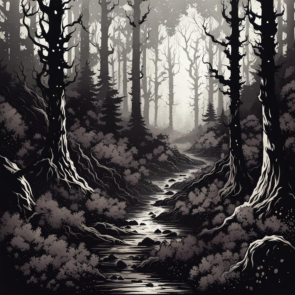 Eldritch Forest with Ink Splatter Effects