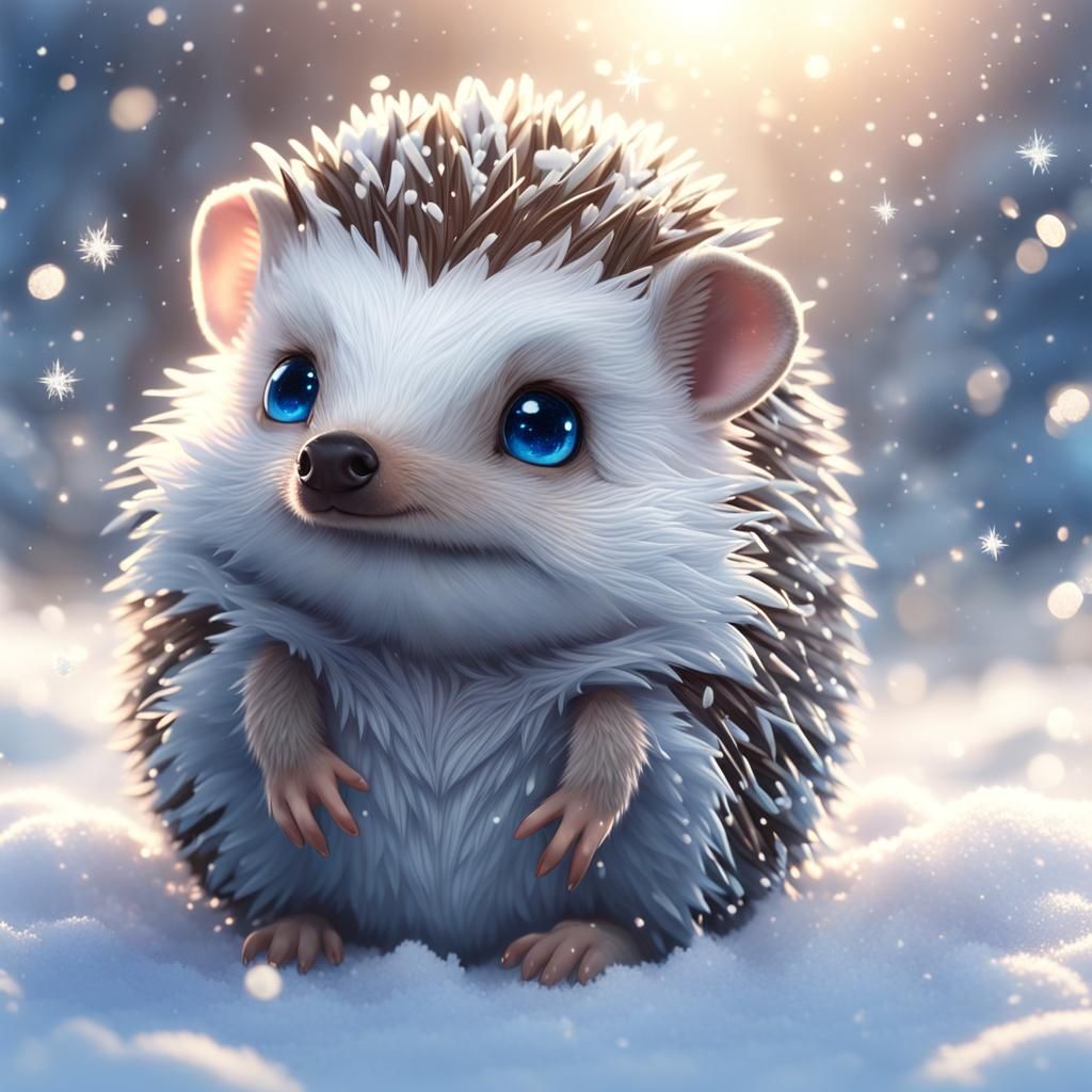 Cute Chibi Hedgehog with Blue Eyes in Snow