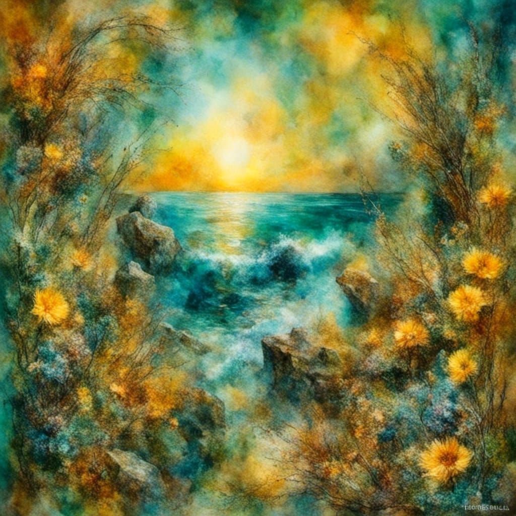 Hyperrealistic Yellow Sea Reflecting Sunlight in Hologram St...