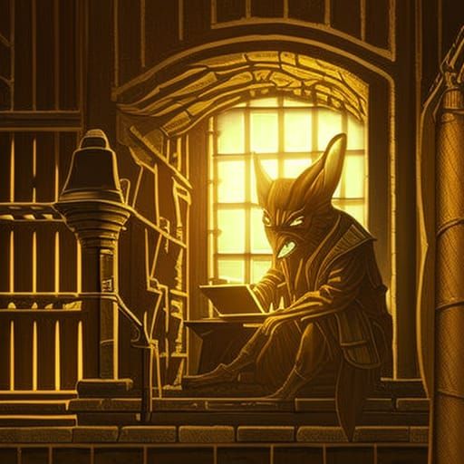 Gremlin Typing in Jail Cell: Dark Fantasy Art